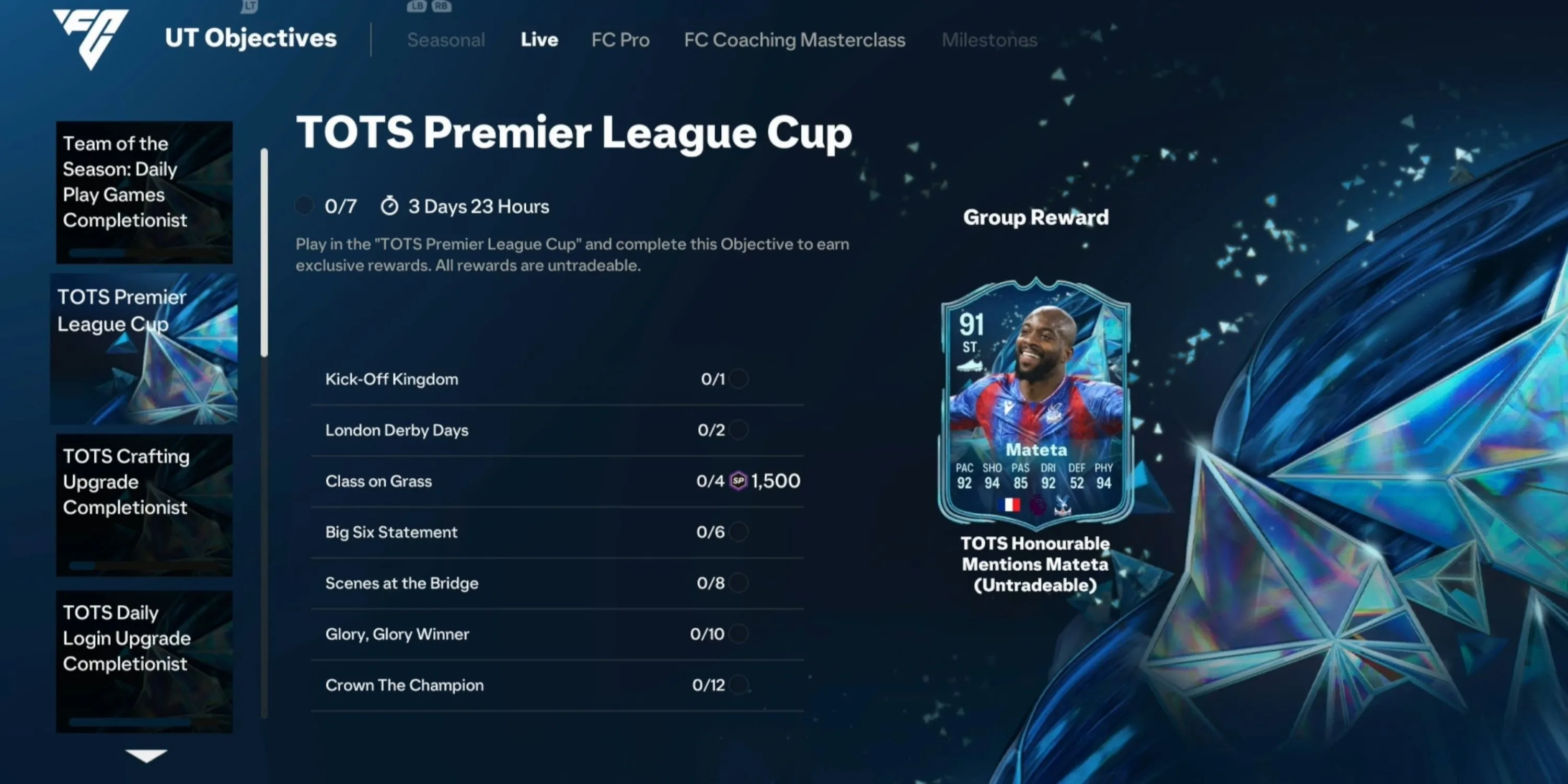 Giao diện hiển thị phần thưởng trong TOTS Premier League Cup EAFC 25