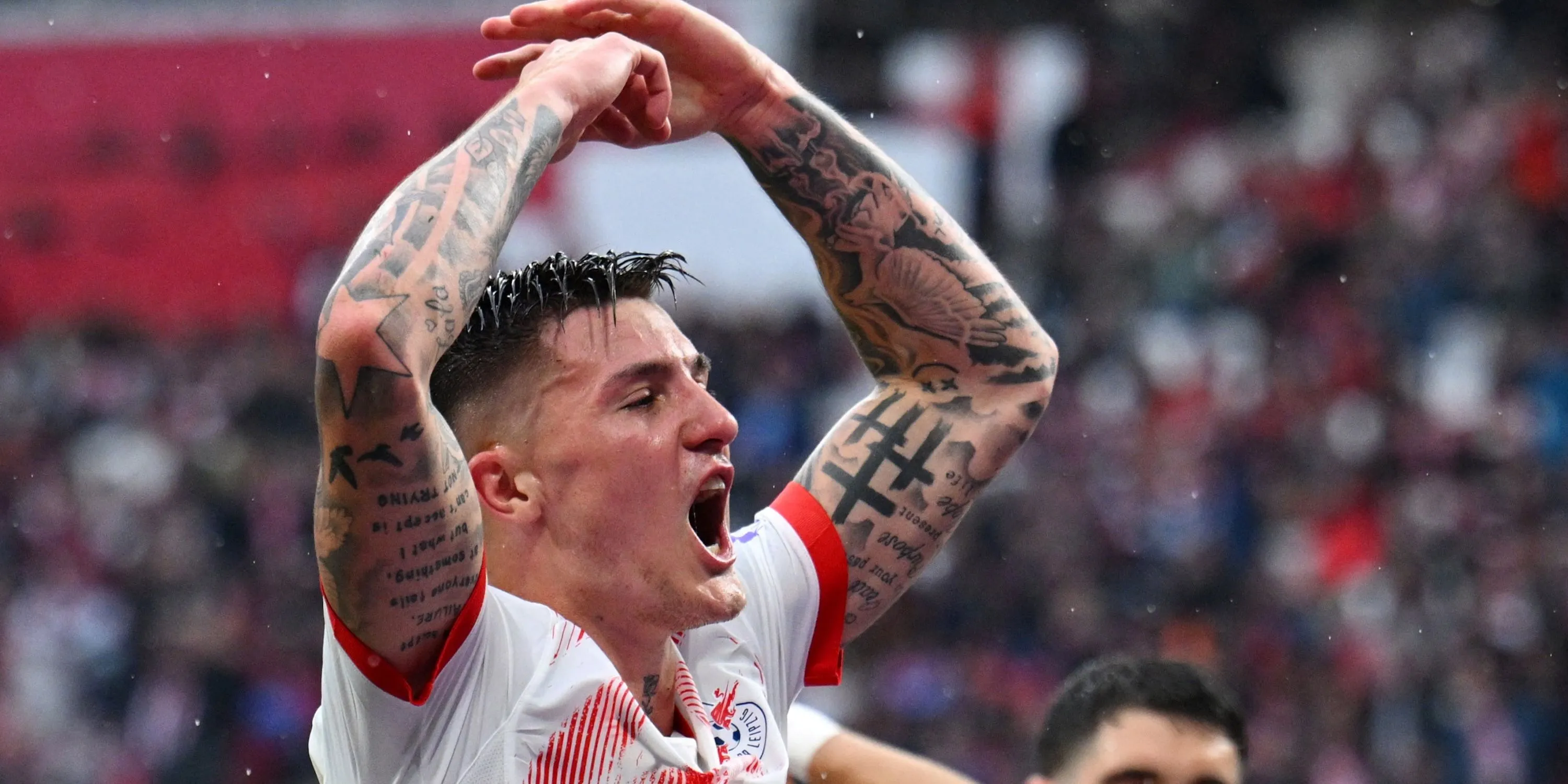 Benjamin Sesko ăn mừng bàn thắng cho RB Leipzig, một lựa chọn khác cho vị trí tiền đạo của Arsenal