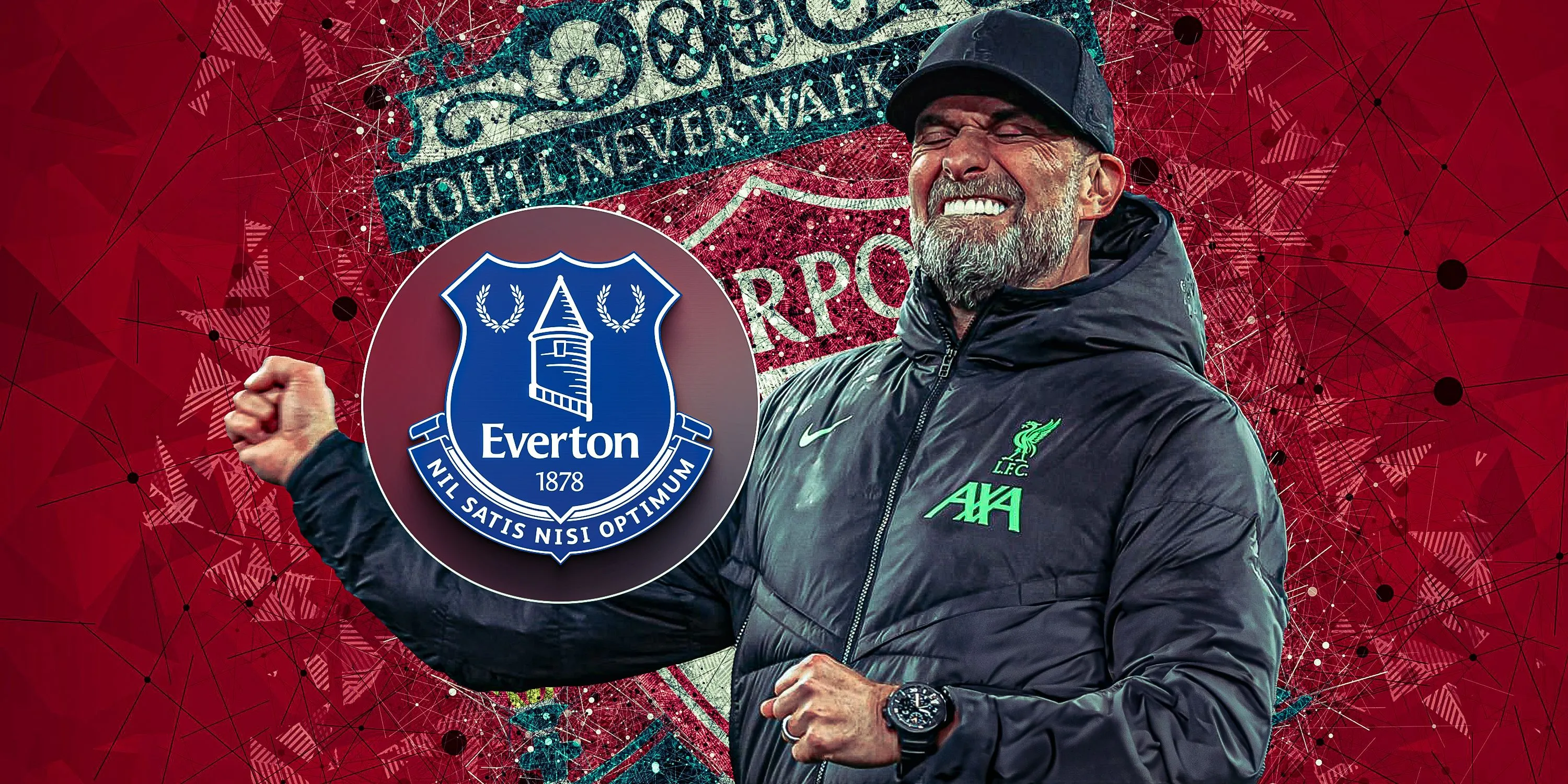 Jurgen Klopp ăn mừng bên cạnh logo Everton, hình ảnh quen thuộc của derby Merseyside